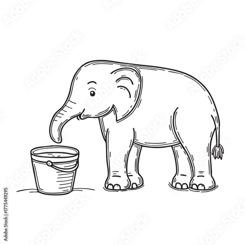 An elephant sipping water at the zoo near a bucket