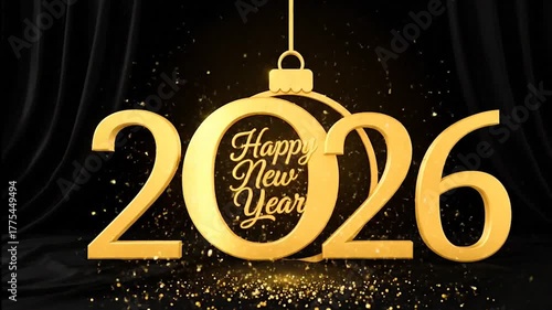 Golden 2026 happy new year text with sparkling confetti and black curtain background