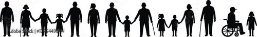 Diverse community silhouettes holding hands across ages and abilities, social cohesion