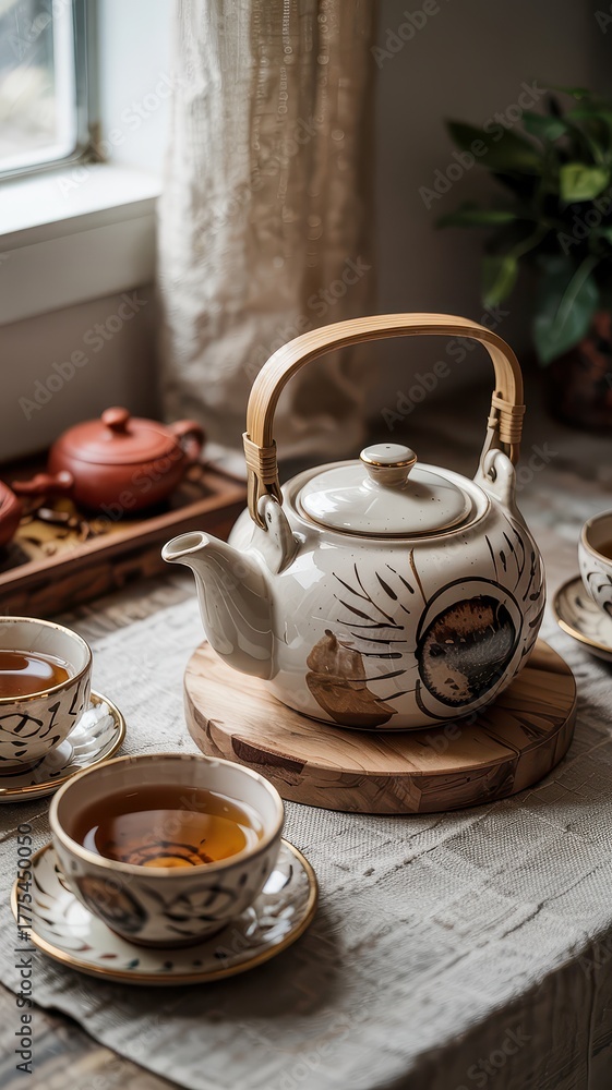 Fototapeta premium Ceramic Teapot and Cups on Wooden Table 