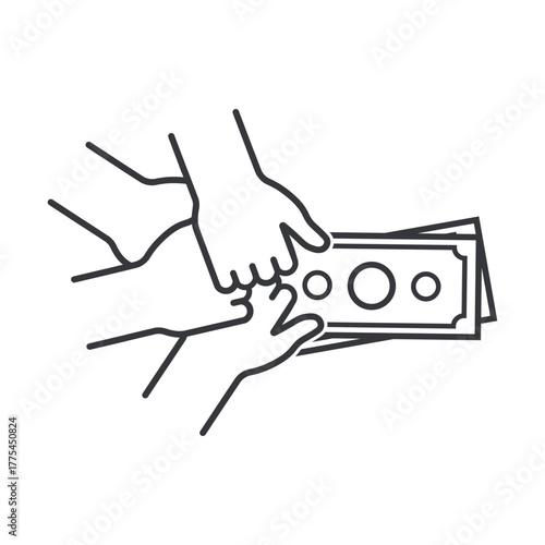 Isolated pictogram many hands grabbing money, symbolizing work, greed, finance, economy, competition, and desire for wealth and success.