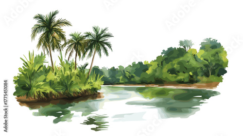 Commewijne River Plantations. Commewijne River Plantations hand drawn watercolor illustration