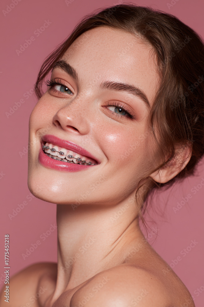 Obraz premium Portrait of a smiling young woman with braces in front of a pink background.
