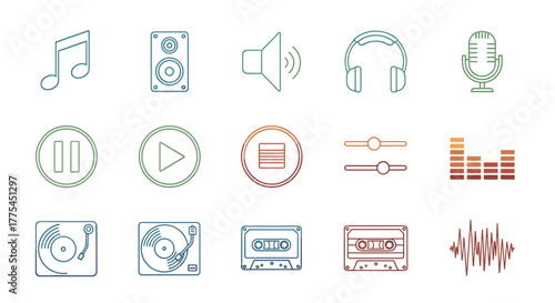 Music and audio vector icon set for creative design projects, vector graphics for websites and apps