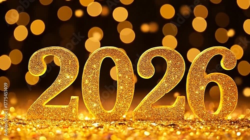 Golden 2026 numbers with shimmering bokeh lights, celebratory new year background.