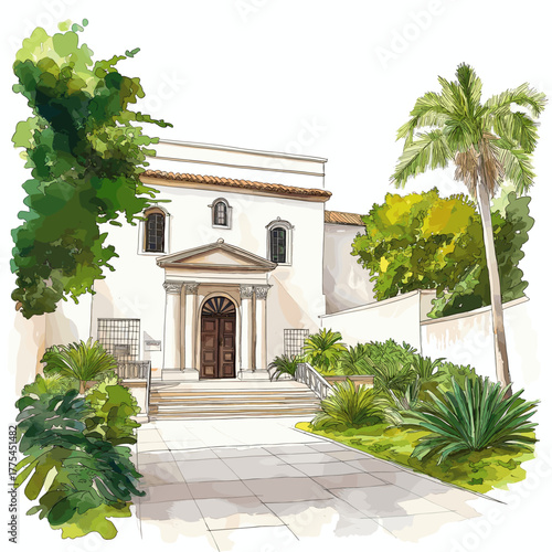 Larco Museum. Larco Museum hand drawn watercolor illustration
