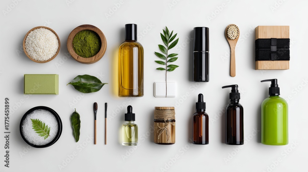 Fototapeta premium Natural skincare product flat lay on white