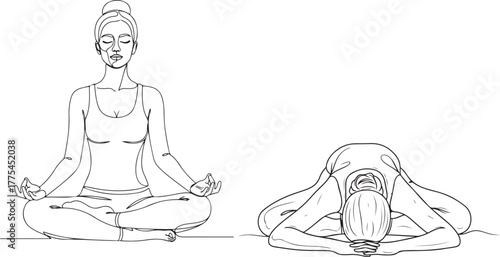 Meditation Yoga Line Art | Minimal Woman in Lotus Pose | Wellness Outline, Generative Ai