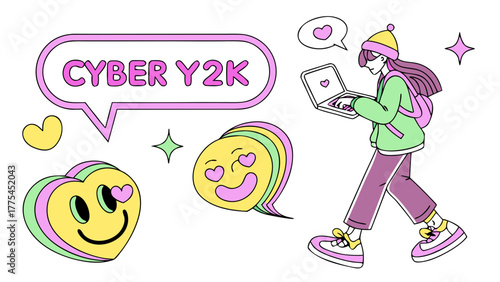 Colorful cyber Y2K style illustration with girl using laptop, smiley faces, and digital hearts