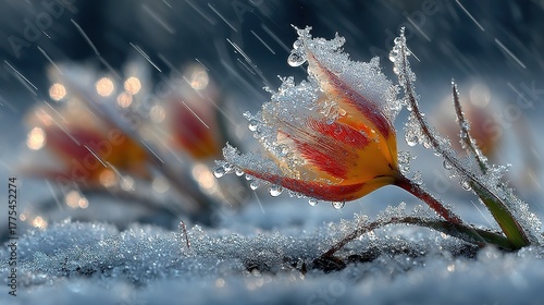 Extreme-cold macro drama: red & green tulips buried under heavy snow, creamy white bokeh, hi-res texture no text—use for phone lock-screen, e-commerce banner, solar-term post, art print, science