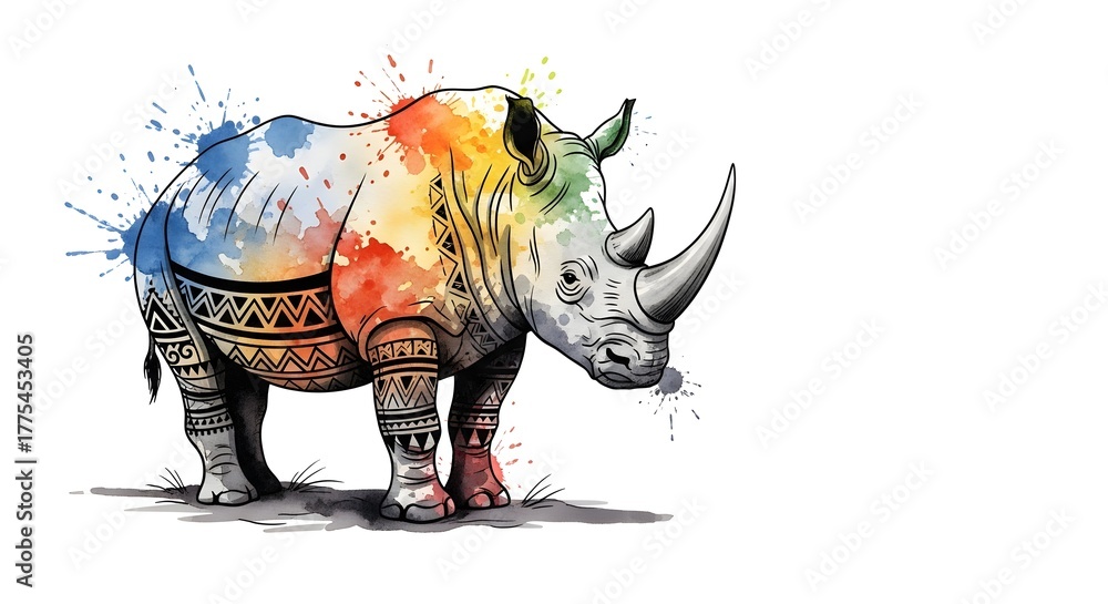 Obraz premium Colorful watercolor rhinoceros with tribal patterns and splashes of blue, yellow, red, and green, blending wildlife strength with artistic creativity.