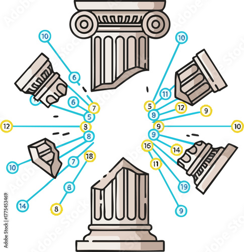 Info showing disassembled classical columns with numbered parts.