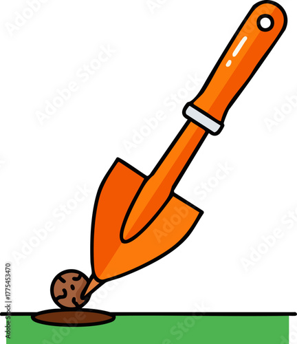 A cartoon shovel digging into the soil.