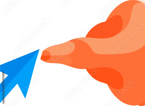 A stylized orange hand pointing with its index finger at a blue cursor.