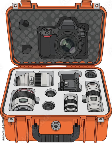 A professional camera and lenses in a protective orange case.