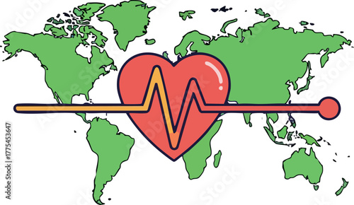 World map with a heartbeat symbol superimposed.