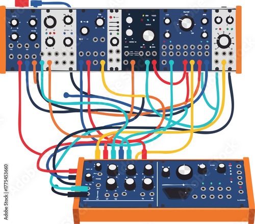A modular synthesizer setup with colorful patch cables connecting modules.