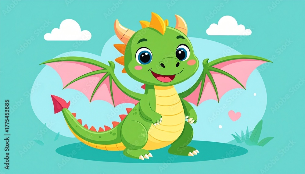 Obraz premium Cute cartoon baby dragon flaying vector artwork illustration