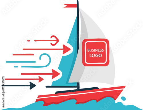 A sailboat with a business logo is depicted with directional arrows.