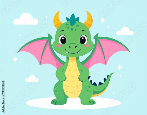 Cute cartoon baby dragon flaying vector artwork illustration