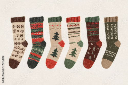 Festive Christmas stockings with snowflake, reindeer, and tree designs, christmas card template