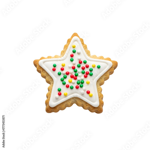 Starshaped sugar cookie with white icing and colorful sprinkles.