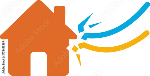 A stylized orange house icon with a crack, hit by blue and yellow waves.