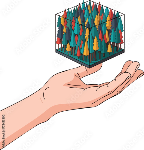 A hand holds a cube filled with a miniature colorful forest.