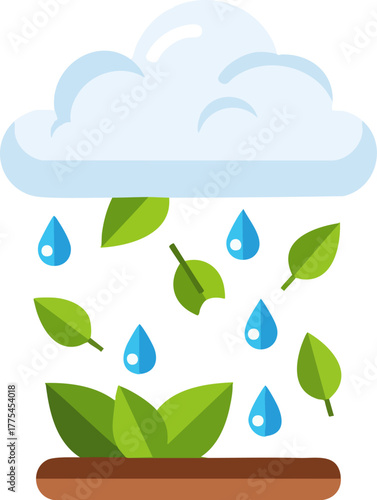 Cloud raining water drops and leaves on plants.
