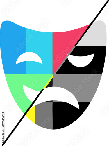 Abstract theater masks representing comedy and tragedy with contrasting colors.