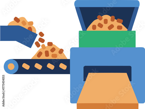 Industrial machinery processing raw materials on a conveyor belt.