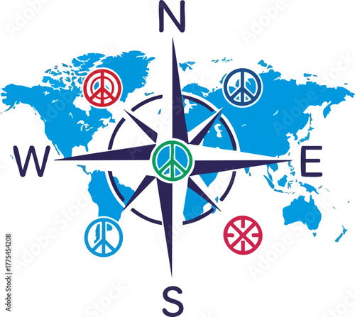 A compass on a world map with peace symbols.