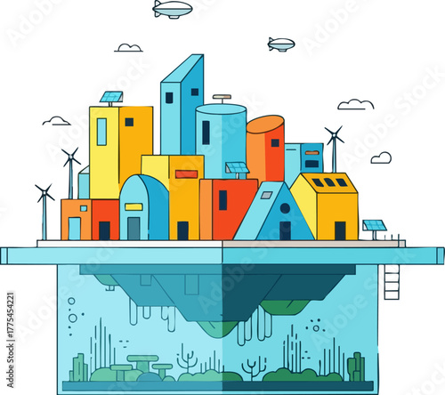 Modern city with renewable energy sources, futuristic design.