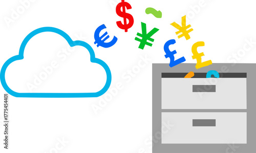 Cloud storage of currency symbols, financial data transfer.