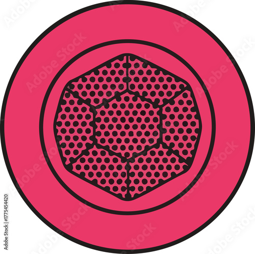 Abstract geometric design with a faceted shape and dot pattern.