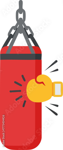 A red punching bag with a yellow boxing glove hitting it.