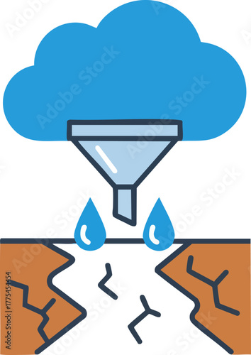 A cloud and funnel pour water onto cracked earth.