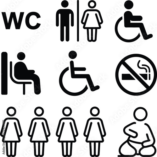 Collection of public facility icons: wc, male, female, disabled, waiting, no smoking, and female restroom signs
