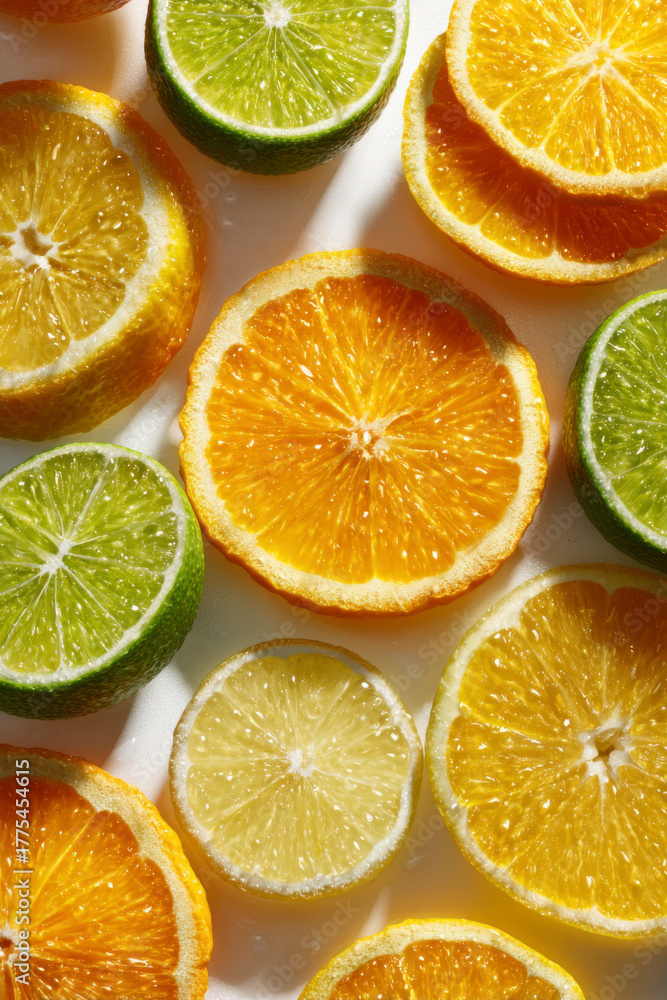 Fototapeta premium Vibrant citrus slices: oranges, lemons, and limes in a refreshing display.