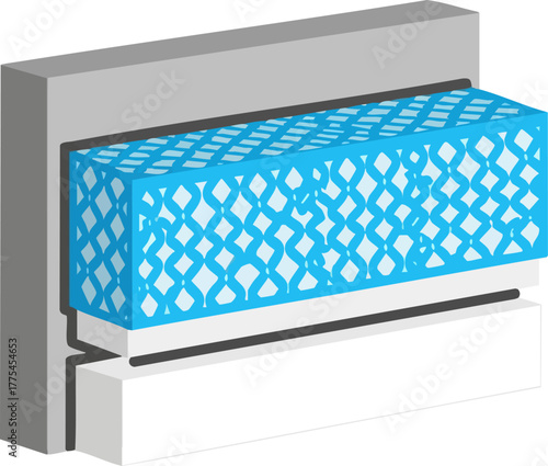 A 3D of a layered mattress with a blue patterned top.