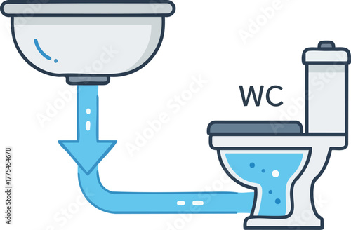 showing a sink connected to a toilet with water flow.