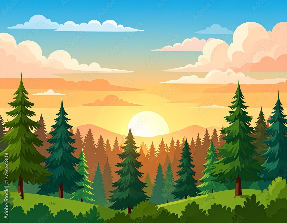 Fototapeta premium Vector illustration of sunset over forest landscape with clouds