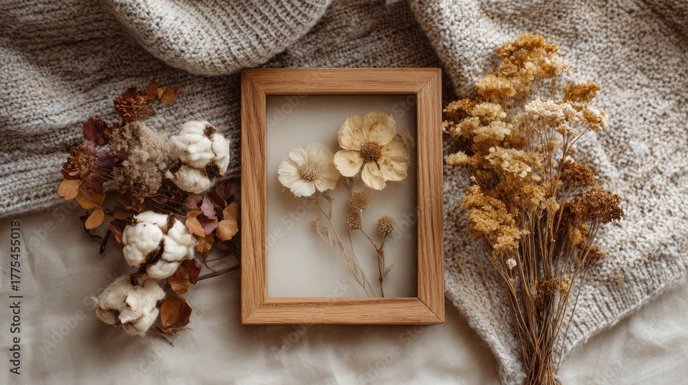 Fototapeta premium Dried flowers and wooden frame on textured surface for decorative purposes