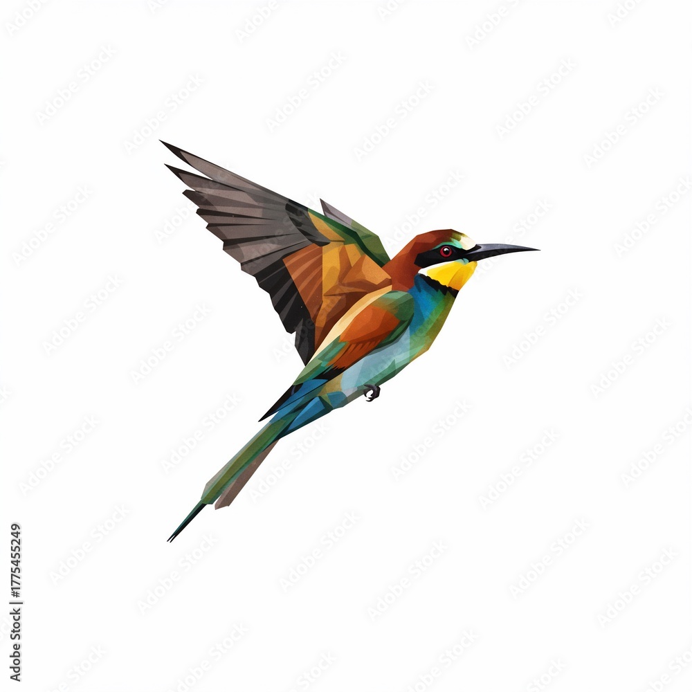 Fototapeta premium A vibrant, geometric illustration of a colorful bird in mid-flight against a clean white backdrop, showcasing its wings