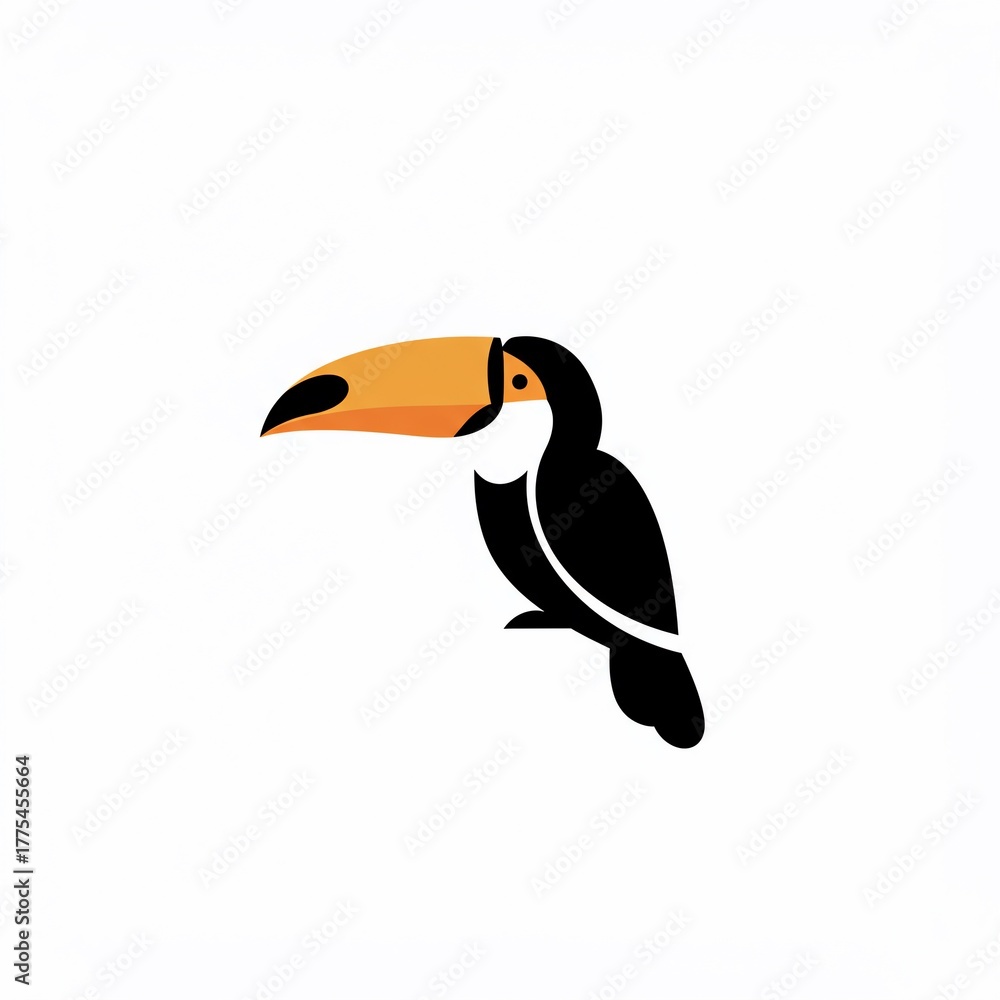 Naklejka premium Simple, stylized illustration of a toucan bird perched on an unseen branch, featuring a large orange beak, on white background