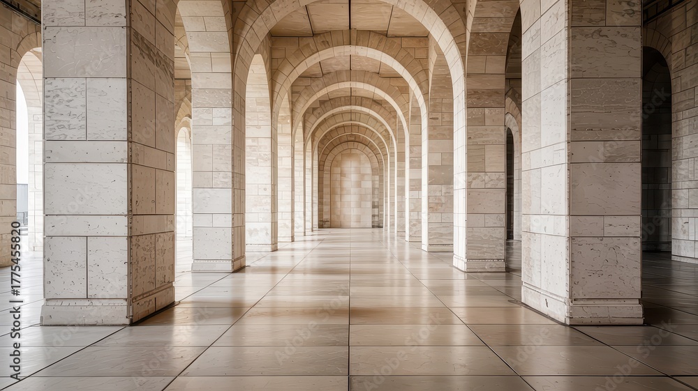 Fototapeta premium Historic Stone Arch Hallway with Reflections 