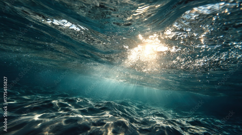 Fototapeta premium Underwater view sunlight filtering through ocean water serene and calm