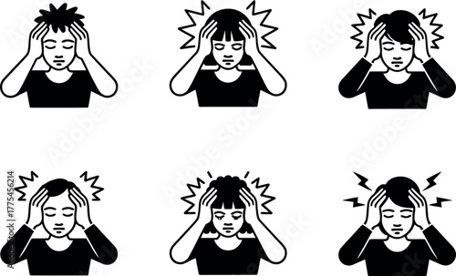 Six simple icons depict people experiencing headaches or stress.