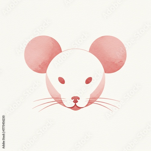 Stylized, watercolor-like illustration of a mouse head, featuring large round ears, small eyes, and whiskers against a beige background