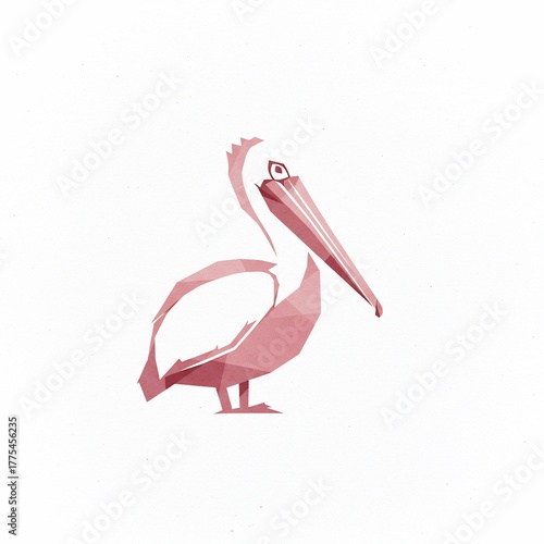 A geometric illustration of a pelican in a minimalist style against a white background, using shades of red